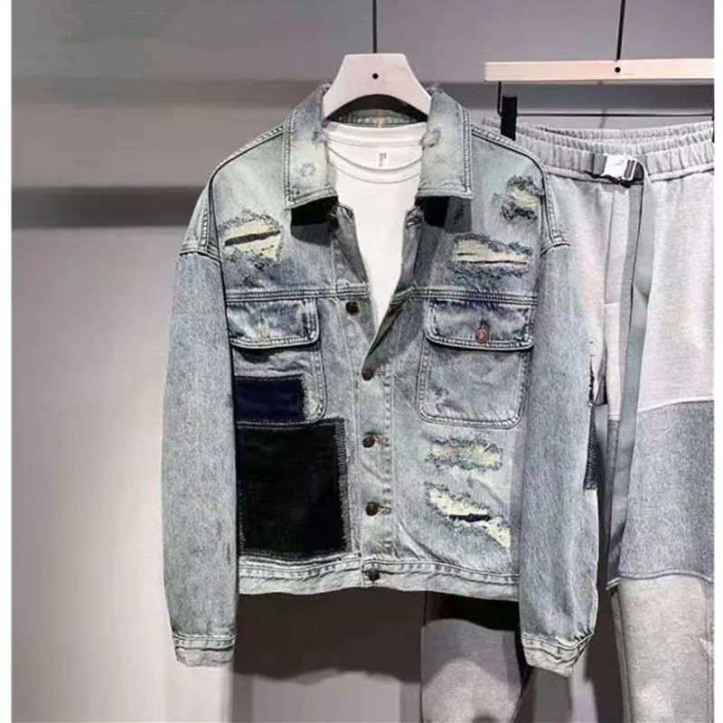 Boys' jacket trendy street color matching torn denim jacket Men's spring personalized washed Distress men's jacket