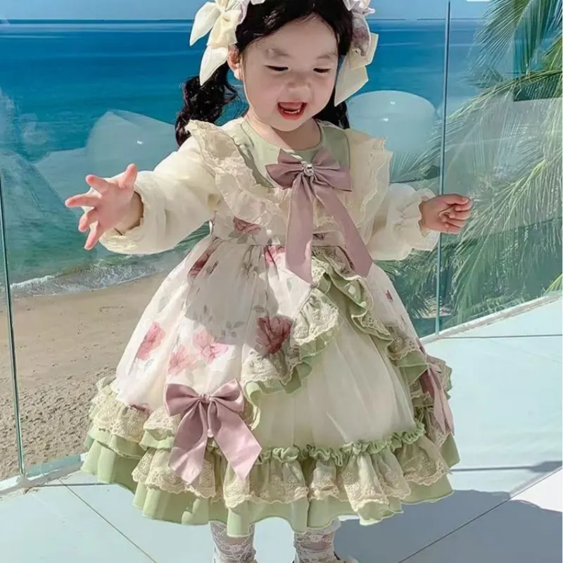 

Baby Girl Bow Lace Lolita Princess Dress Infant Toddler Child Vintage Elegant Cotton Floral Tutu Vestido Party Baby Clothes1-12Y