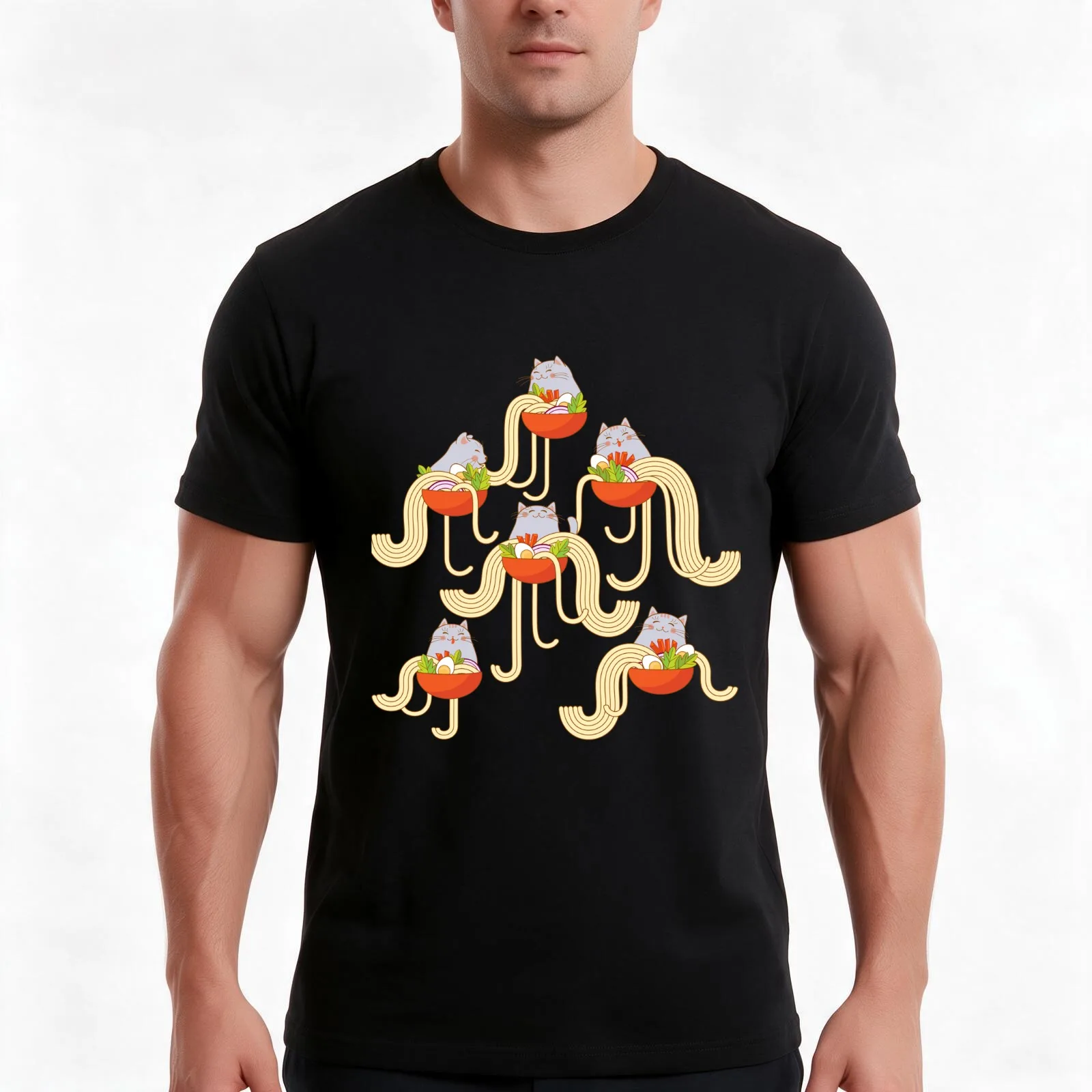 Plates of noodles and funny cats. T-Shirt, Summer Casual Cotton Tee, Oversized Streetwear Tops, Vintage Graphic Print