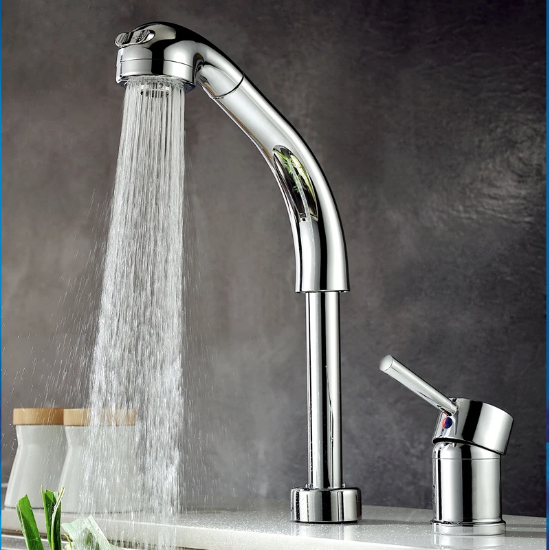 Dual Hole Kitchen Pull Out Sink Faucet Deck Mounted Hot and Cold Mixer Taps 1 Handle Two Modes Kitchen Sink Faucet Chrome