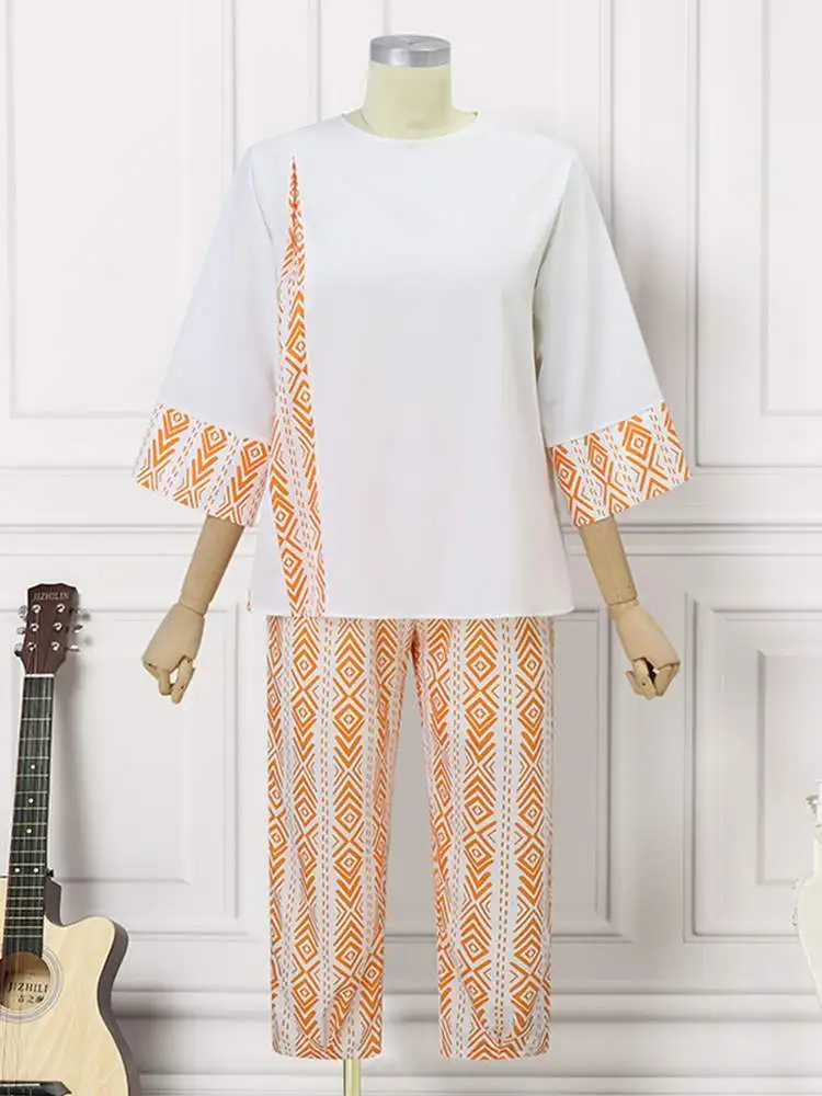 Plus Size 5XL VONDA Vintage Women Pant Sets 2024 Fashion 2pcs Casual Loose Printed Bohemian Pant Suits 3/4 Sleeve Tops Suits