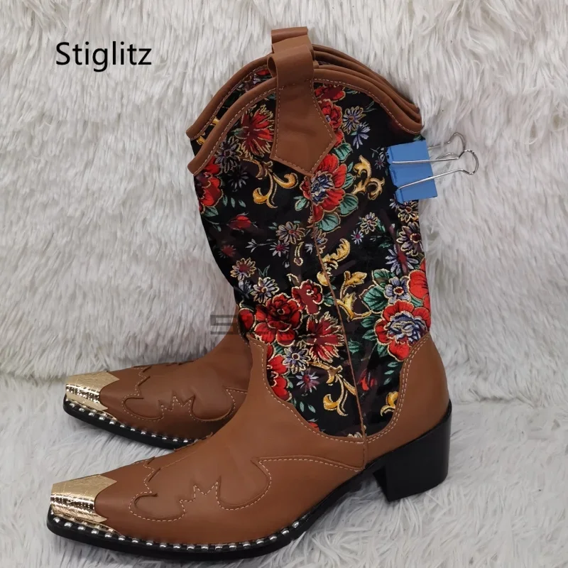 Embroidered Western Cowboy Boots for Men Genuine Leather Patchwork High Heels Slip On Mid Calf Boots Metal Toe Riding Boots