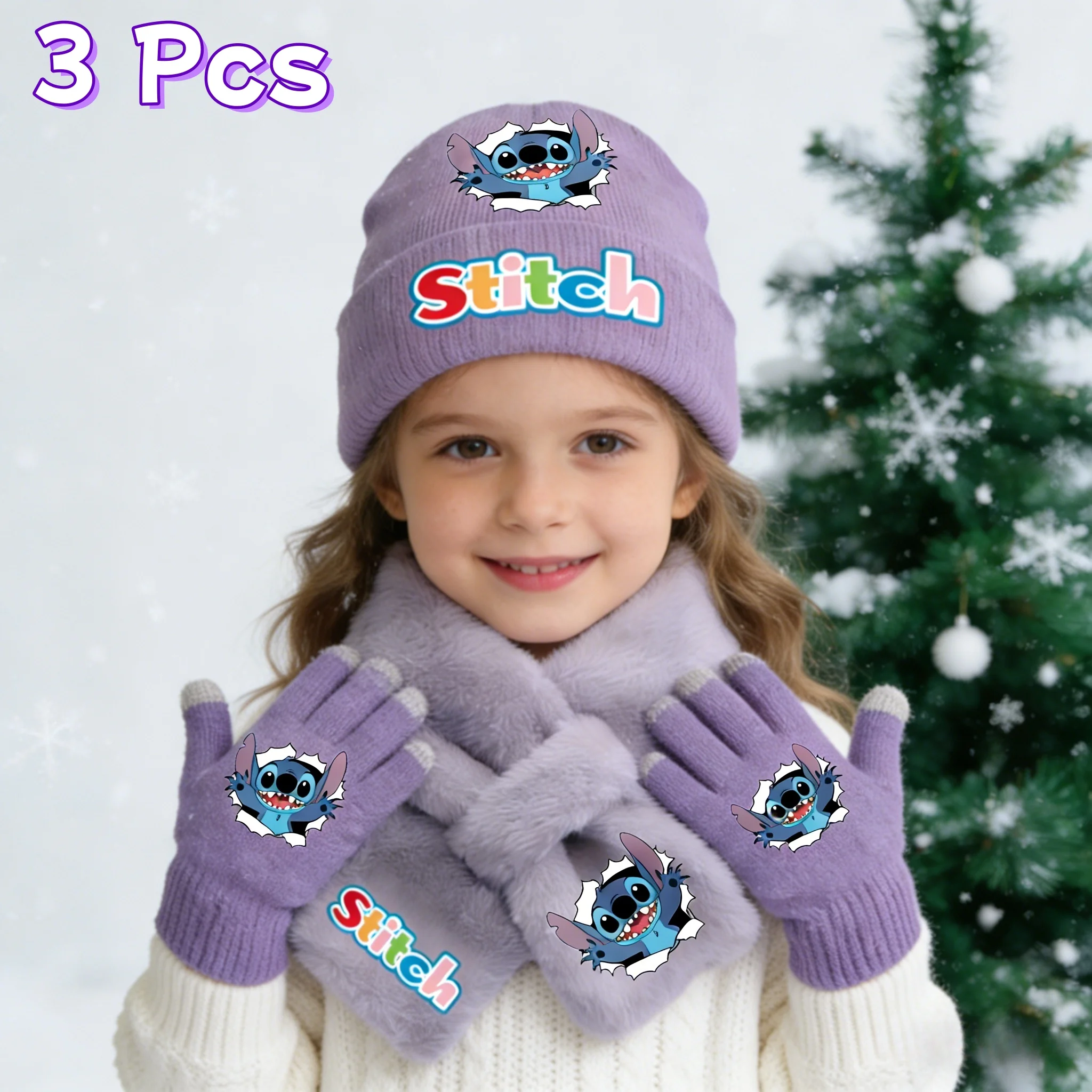 

Warm Kawaii Disney Stitch 3Pcs Winter Knit Hat Scarf Glove Set for Girls Kids Fashion Casual Accessories Perfect Christmas Gift