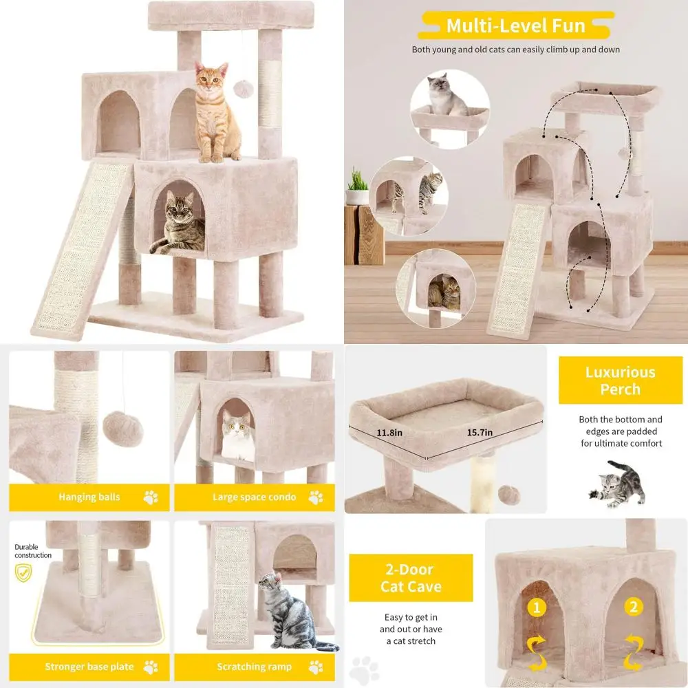 

36 Indoor Cat Tree Tower with Scratching Posts, Ramp, Perch, Cave & Toys, Beige