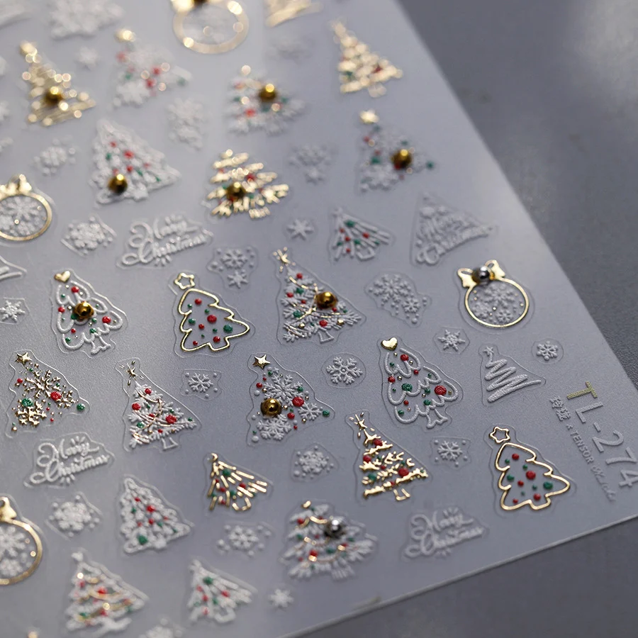 5D White Relief Glossy Gold Edge Christmas Tree Snowflake Crystal Ball Adhesive Nail Art Stickers Decals Manicure X'mas Charms