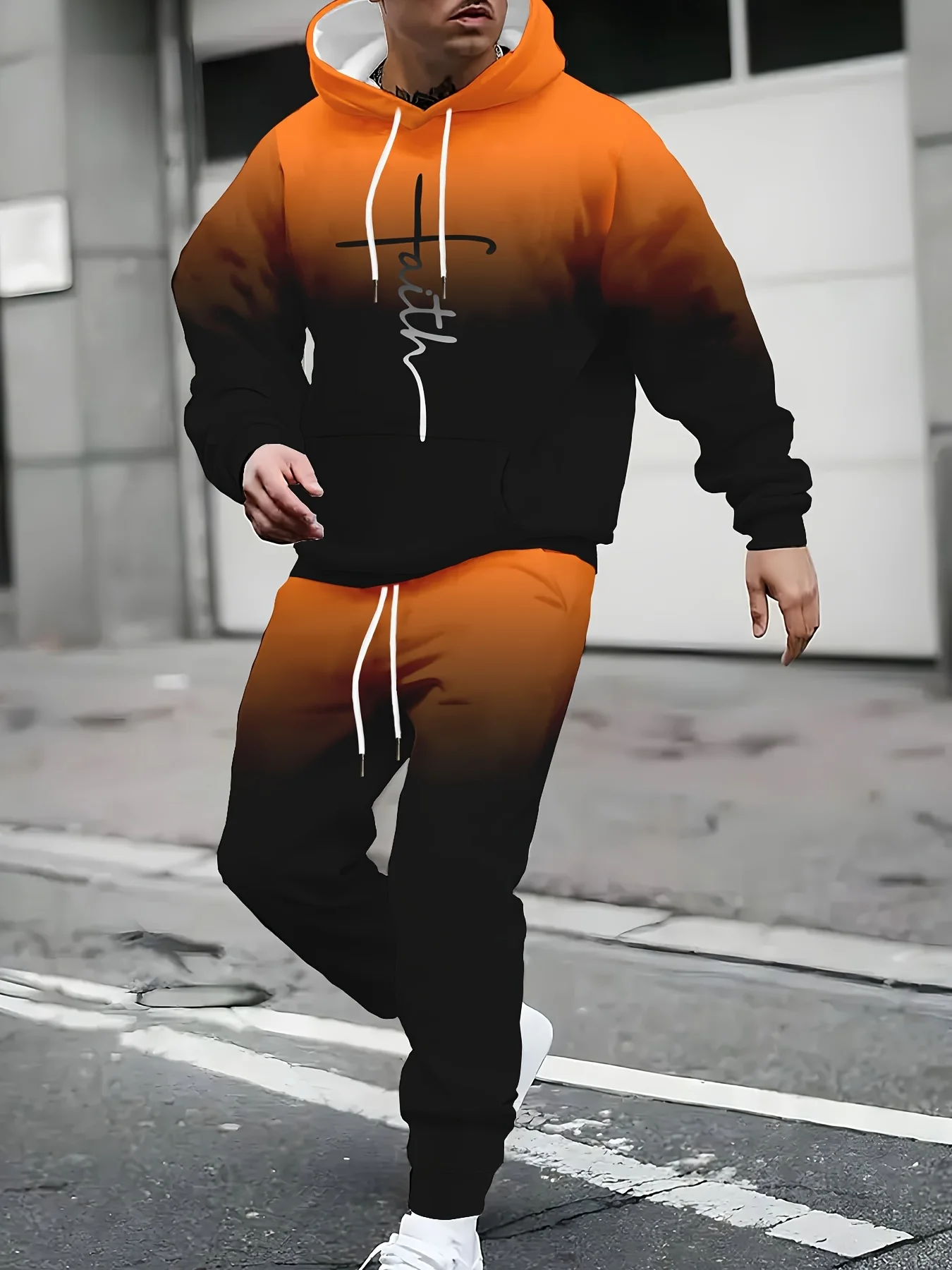 Autumn and Winter Men Hoodie Set Men Letter Pattern Gradient Color Hoodie Set Men Casual Set Men Gradient Set Quick Drying