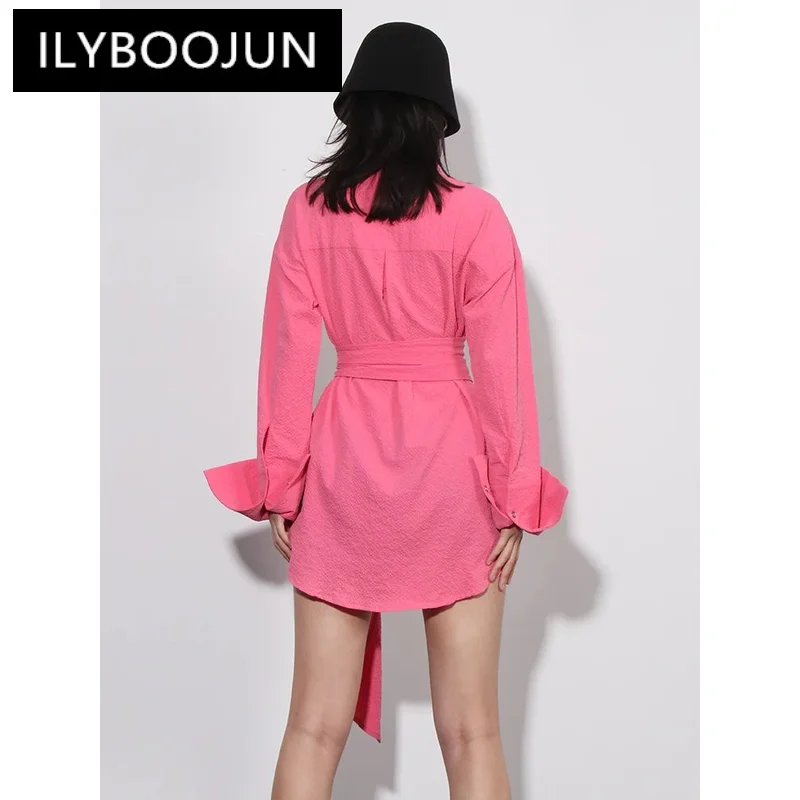 ILYBOOJUN Solid Patchwork Belt Blouse For Women Lapel Long Sleeve High Waist Spliced Single Breasted Casual Shirts Female New