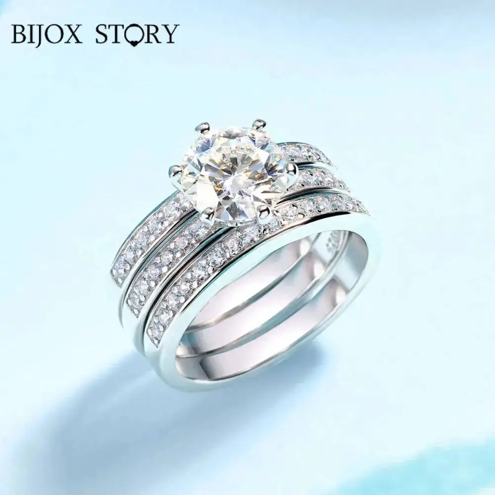 BIJOX STORY 2 Carat Moissanite Ring For Women S925 Sterling Silver Luxury Jewelry Three Piece Ring Set Wedding Bands Bridal Sets
