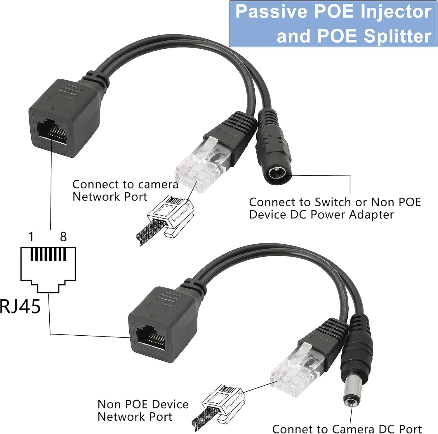Passive PoE Injector PoE Splitter Kit with RJ45 Ethernet and Power DC 5.5x2.1 mm F/M Adaptor Connector for IP Security Camera view 3
