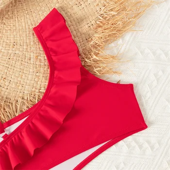 Girls' One-Shoulder Ruffle Bikini | Solid-Color Swimwear 4 Bikini Girls Kids Swimsuits One Shoulder Ruffles Swimwear Solid Color Backless Bathing Suit 4