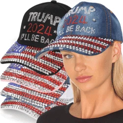 Patriotic Election Day Trump Girl USA American Flag MAGA Hat TRUMP 2024 I'LL BE BACK Denim Rhinestone Bling Sparkle Baseball Cap