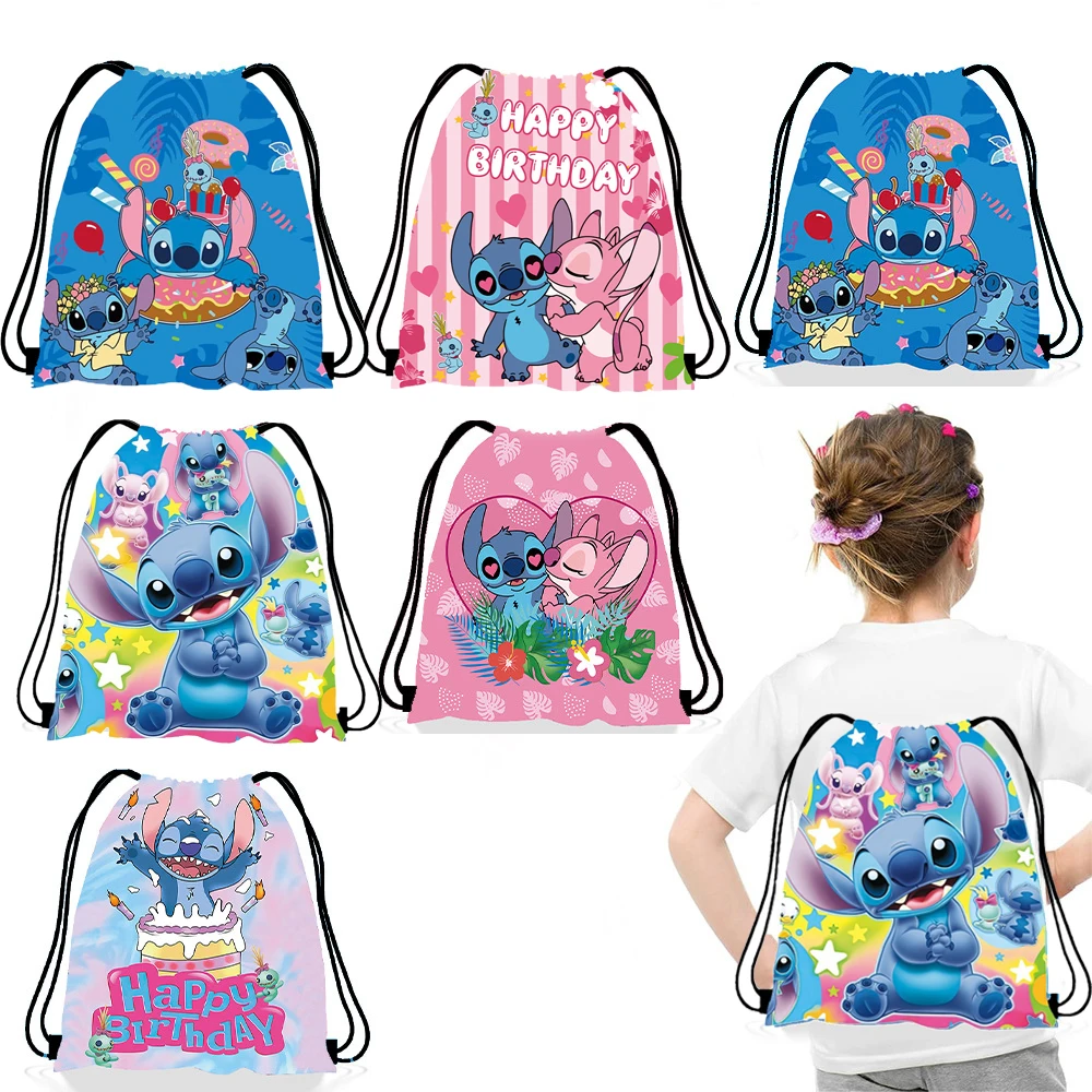 Disney-mochila de Anime Lilo & Stitch, bolsa con cordón, decoraciones para fiesta de cumpleaños de niños, suministros para Baby Shower, regalos