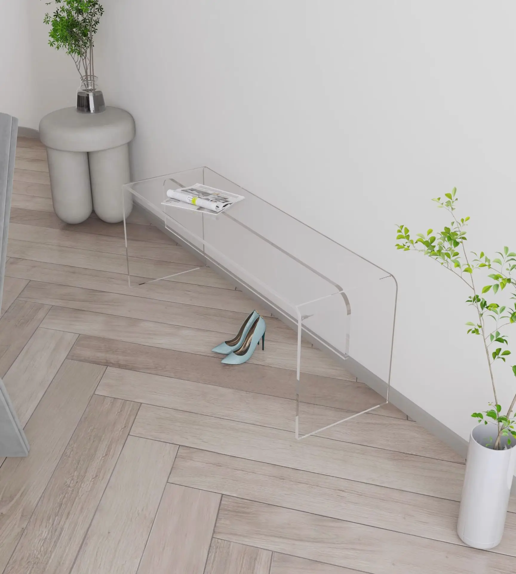 部屋のダイニングチェア、ドアにある無垢材のミニマリストスタイル、シンプルなベンチ、ベッドの端にある化粧と靴を交換するスツール