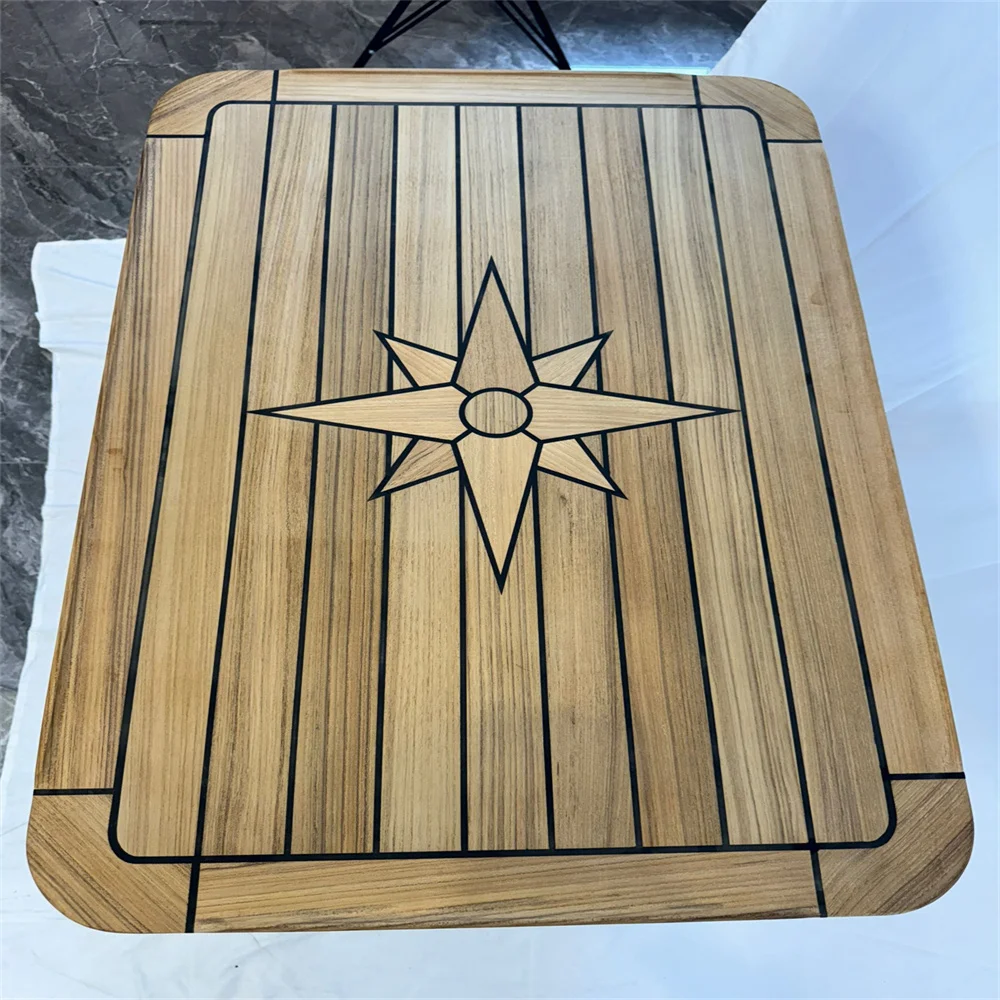 Boat Rectangular Teak Table Top 580x900mm,22.8x35.4 Inch Star Inlay Round Corner Marine Yacht RV TTR6090