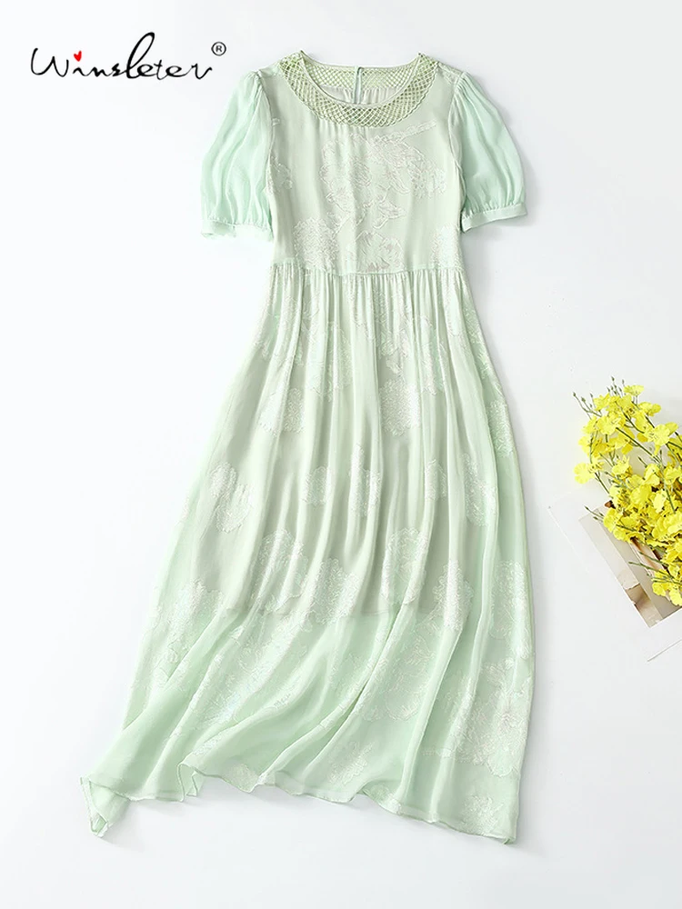 

Winsleter-Women 70% Silk Elegant Dress, Short Sleeve O Neck Embroidery, Temperament Commuting Dresses, 2025 Summer New D57139CC
