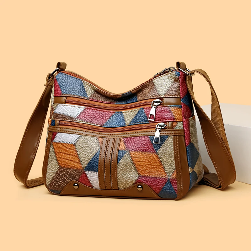 

Elegant women's crossbody bag with geometric patterns, multi colored patch shoulder bag, and crossbody bag with multiple compart