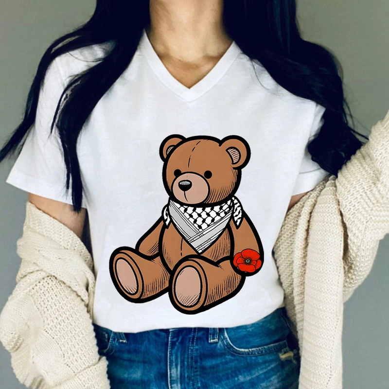 Teddy Bear with Palestinian and Poppy T-Shirt Women Summer Fashion Casual Streetwear Tops Short Sleeve V-Neck Bear Trend Tshirt