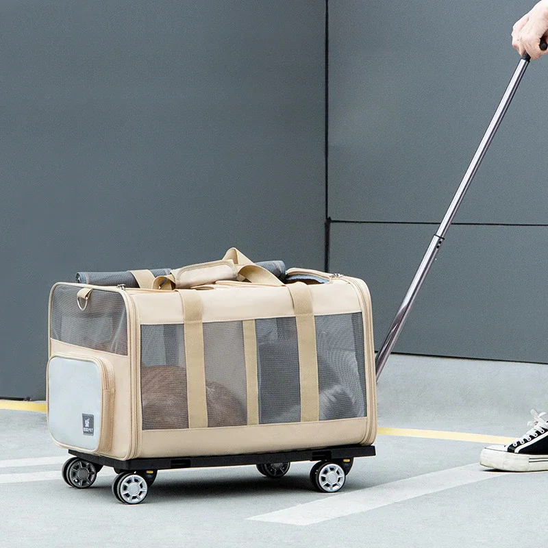 

Polyester Pet Rolling Luggage Extra-Large Dual Compartment Cat Carrier Breathable Pet Travel Cage Pet Travel Box