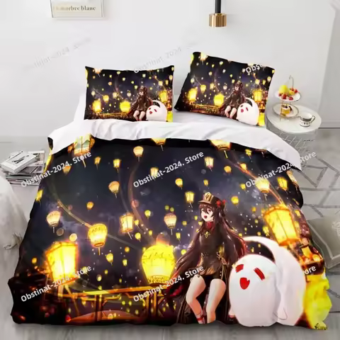 Gaming Genshin Impact Hutao Cosplay Duvet Cover Cartoon Bedding Set Full Size King Bed Comforter Quilt Cover Pillowcase Home