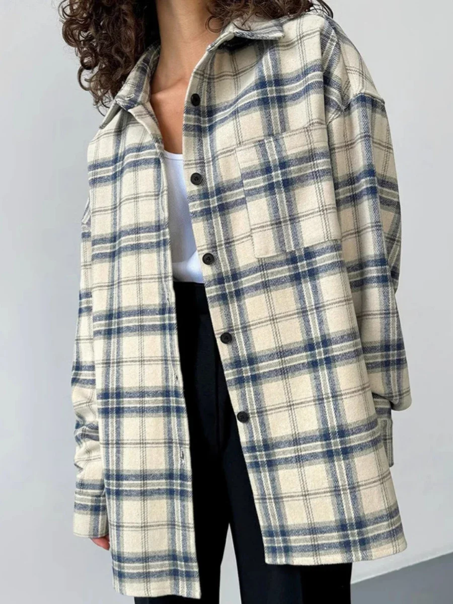 Bornladies Women\'s Loose Plaid Long Sleeved Lapel Shirt Fashion Office Lady Blouse Autumn Winter Casual New Checkered Coat