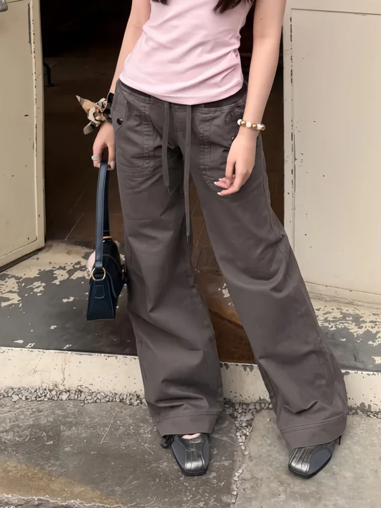 American Retro Grey Low Waist Workwear Pants Women's New Design Loose Lazy Straight Leg Micro Flared Jeans Casual Style
