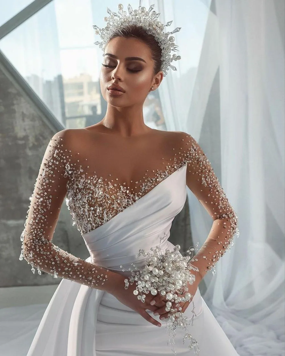 Sexy Illusion Neck Mermaid Wedding Dress Long Sleeves Shiny Beading Bridal Gowns With Overskirts Vintage Vestidos De Novia 2023