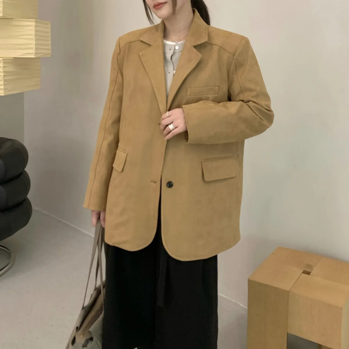 KWTX Damen-Blazer aus Wildleder, Vintage, elegant, mit zwei Knöpfen, verdickt, warm, A/W, einfarbig, schick, Designer, Neuankömmling, Premium-Qualität