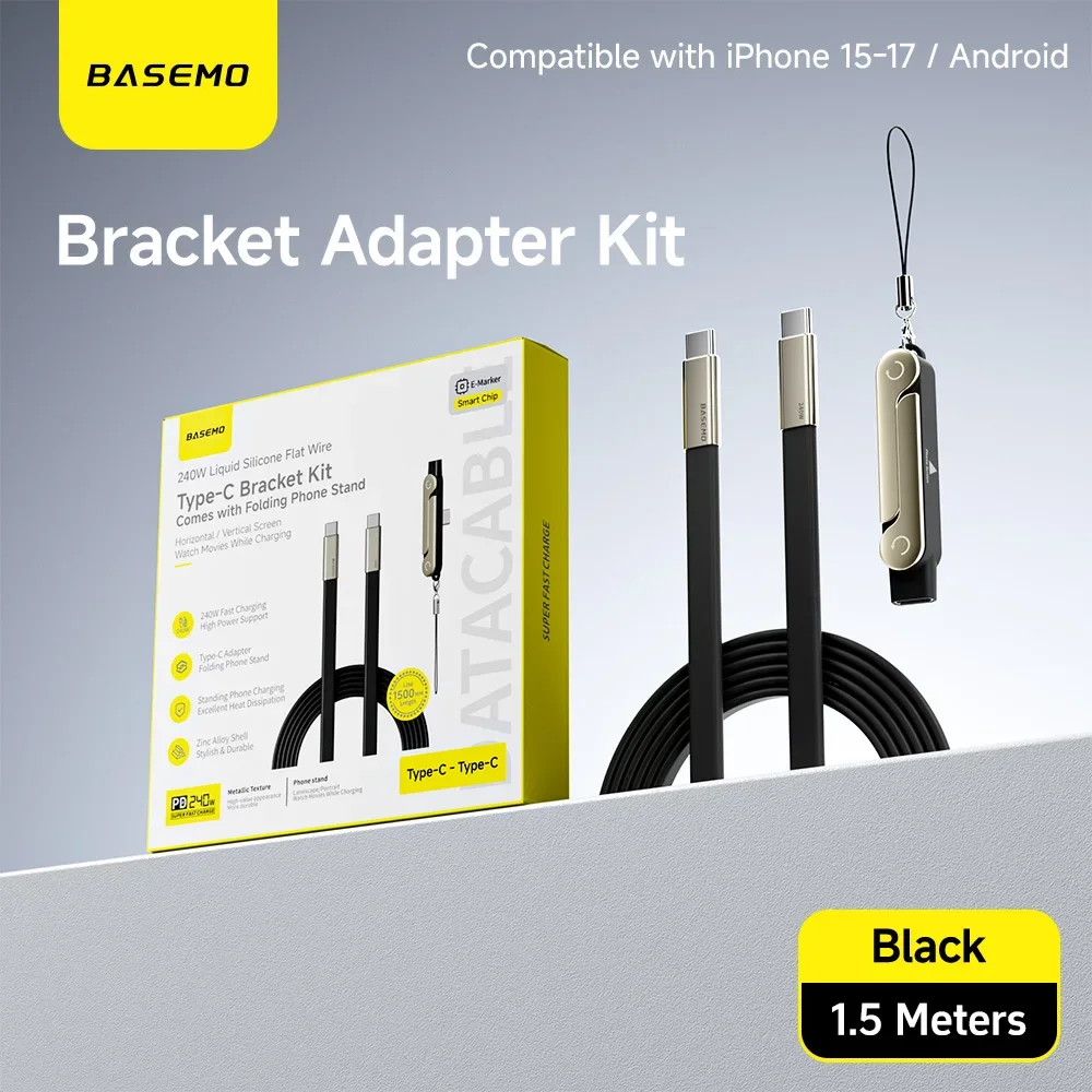 240W 2-in-1 Zwart/Oranje Snel Oplaadbare Opvouwbare Houder Datakabel Type-C naar Type-C Gegevenskabel met Telefoon/Tablet Stand