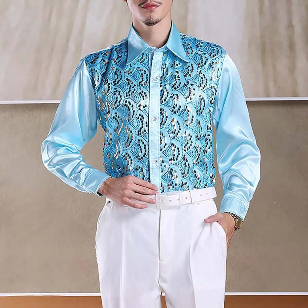 Men Long Sleeve Shirt Men's Luxury Sequins Performance Shirt for Wedding Stage Formal Events Casual Wear Long Sleeve Slim Fit