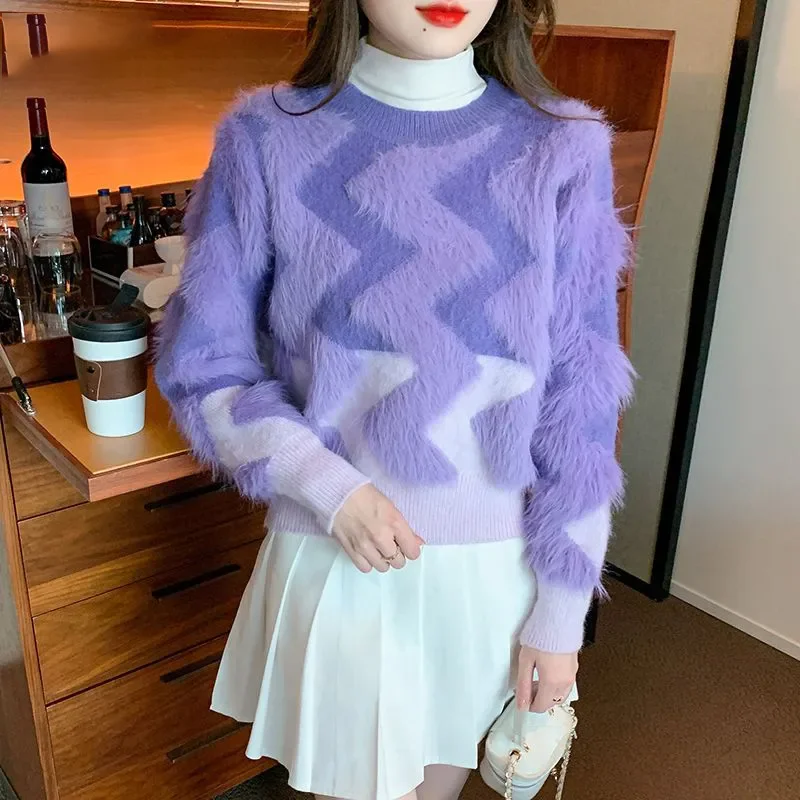 

Autumn 2025 Winter New Fashion Loose Long Sleeve Warm Knitted Base Shirt Tops Imitation Mink Cashmere Sweater Women's Outer Wear