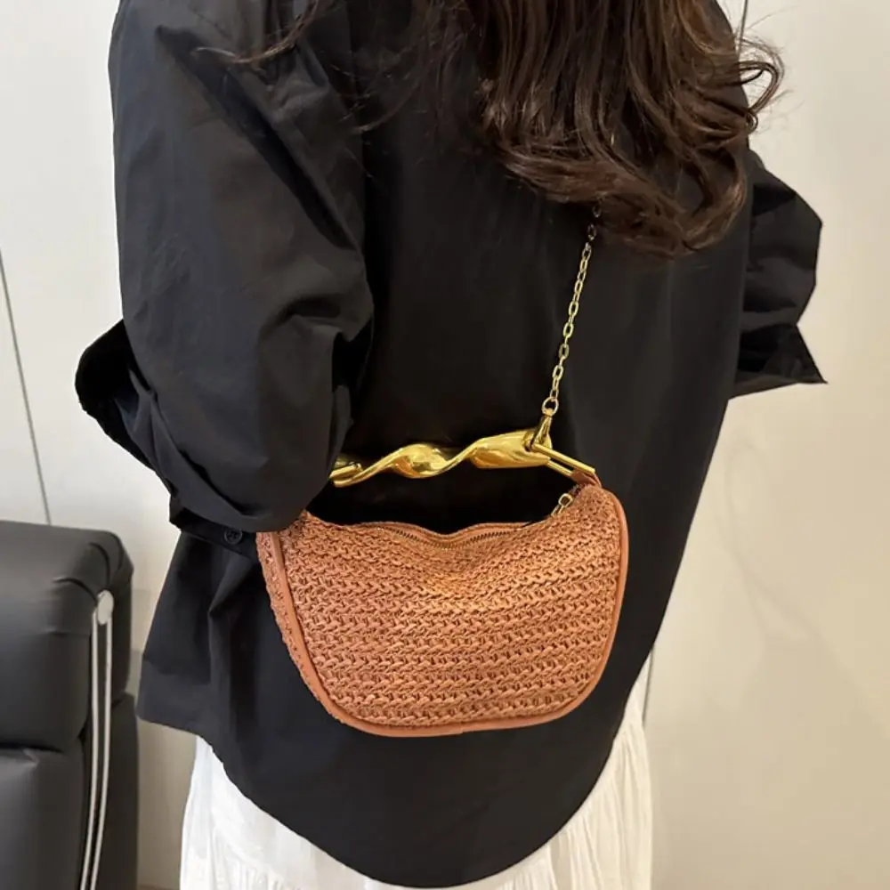 

Simple Bohemian Half-Moon Weave Bag Gold Handle Large Capacity Straw Shoulder Bag Hollowed Out Handbag Beach Bag Beach