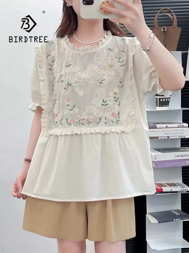 New 2026 Autumn Women Cotton Short Sleeve Shirt, Ruffled Floral Embroidery, Mori Girl Sweet Preppy Style Loose Blouse T69049CC