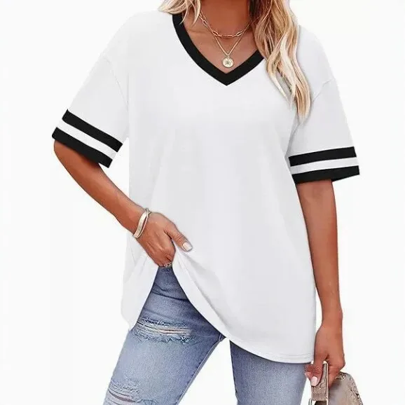 Somenie New Women V Neck Short Sleeve T-shirt Loose Casual Color Block Striped Cuff Solid Color Ladies Top