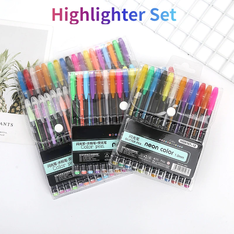 12/48 Color Highlighter Set 1MM Nib Student DIY Painting Graffiti Underline Marker Glitter Gel Pen Art Stationery