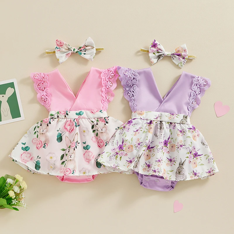 2023-12-30 Lioraitiin Newborn Baby Girl Easter Outfit Bunny Floral Romper Dress V-Neck Lace Skirted Bodysuit  Headband Set