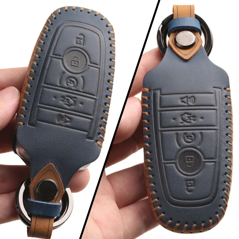 Genuine Leather Handmade Car Key Case Cover Chain Shell Protector Fob Holder for Ford Mondeo Focus Accessories Hot Selling