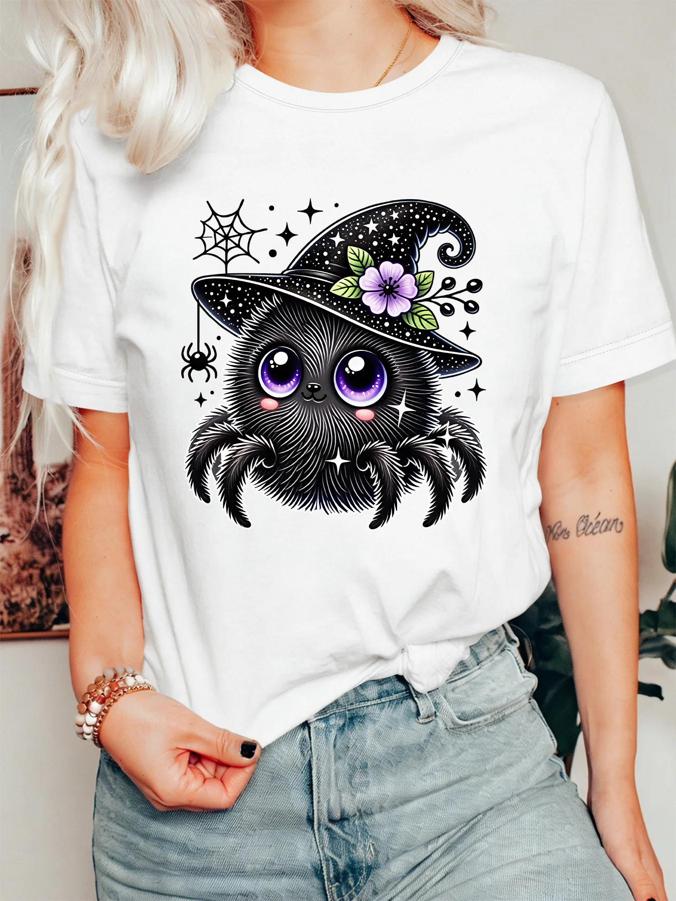 Fall Womens T Shirt Adorable Fluffy Spider Witch Hat Spiderweb Floral Graphic Short Sleeve O Neck Halloween Holiday Party Tops