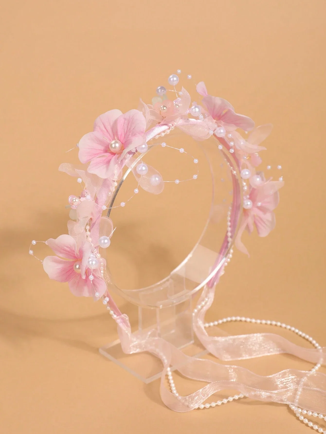 

Изящная розовая цветочная корона для волос с жемчугом, прозрачными лентами и бисерными вставками для девочек, для повседневной носки или особых случаев.