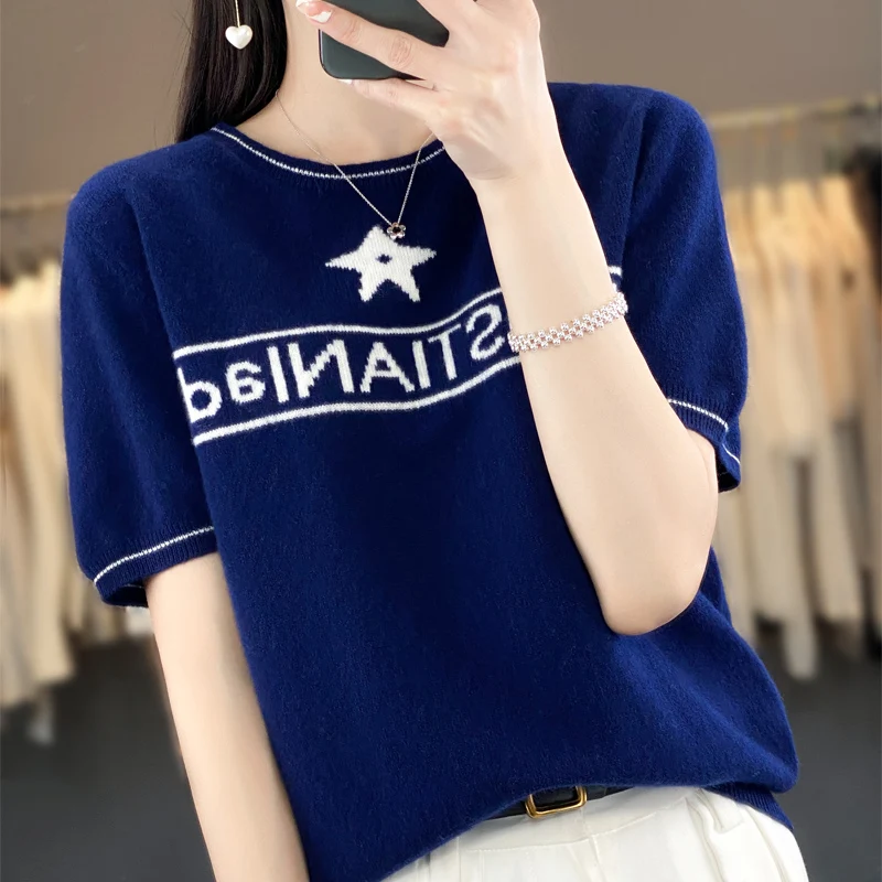 Women\'s Sweater 100% Pure Wool Four Seasons Luxury Love Simple Fashion Delicate Soft Letter Embroidery Round Neck Knit Pullover