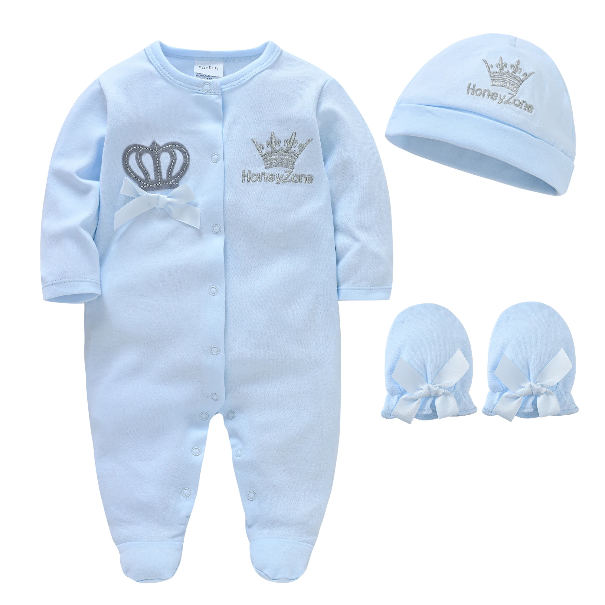 Baby Jungen Strampler-Set mit Kronen-Stickerei, Herbst, Hellblau, Doppelstrick-Baumwolle, Langarm, mit Füßen, mit Mütze und Handschuhen, 1 Set – Detail 6