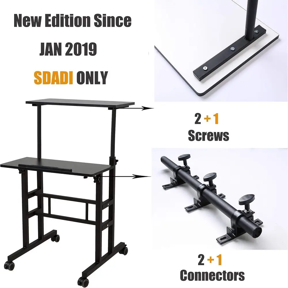 Adjustable 2-Mode Desk Stand with 2-Inch Carpet Wheels for Home Office, Black