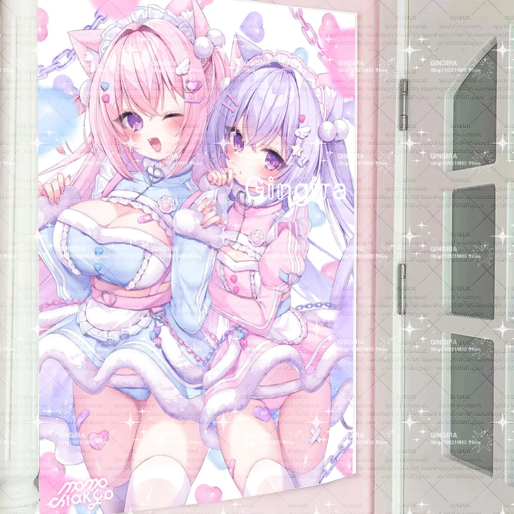 Bundled bandage, pink-haired girl illustration, dormitory and bedroom decorationTwo-person cat-woman with ear-like ears galgame