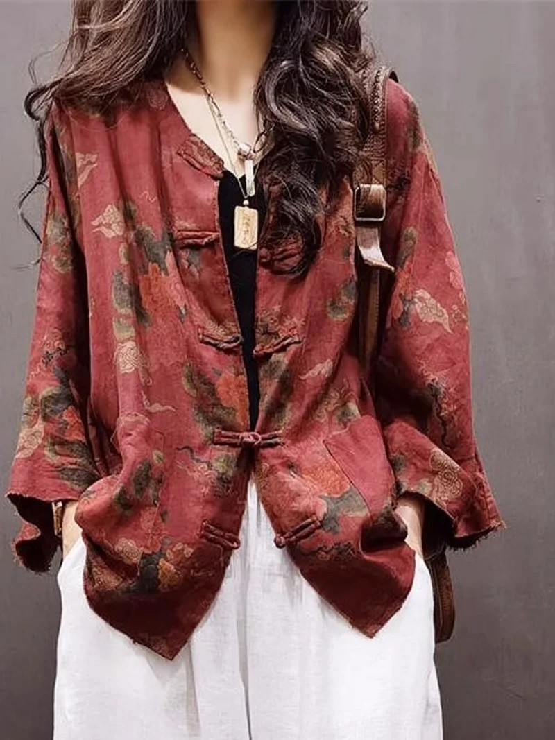 

Cotton And Linen Women's Clothing 2025 Autumn Retro Ethnic Style Distressed Top Loose Printed Versatile Floral Jacket w739