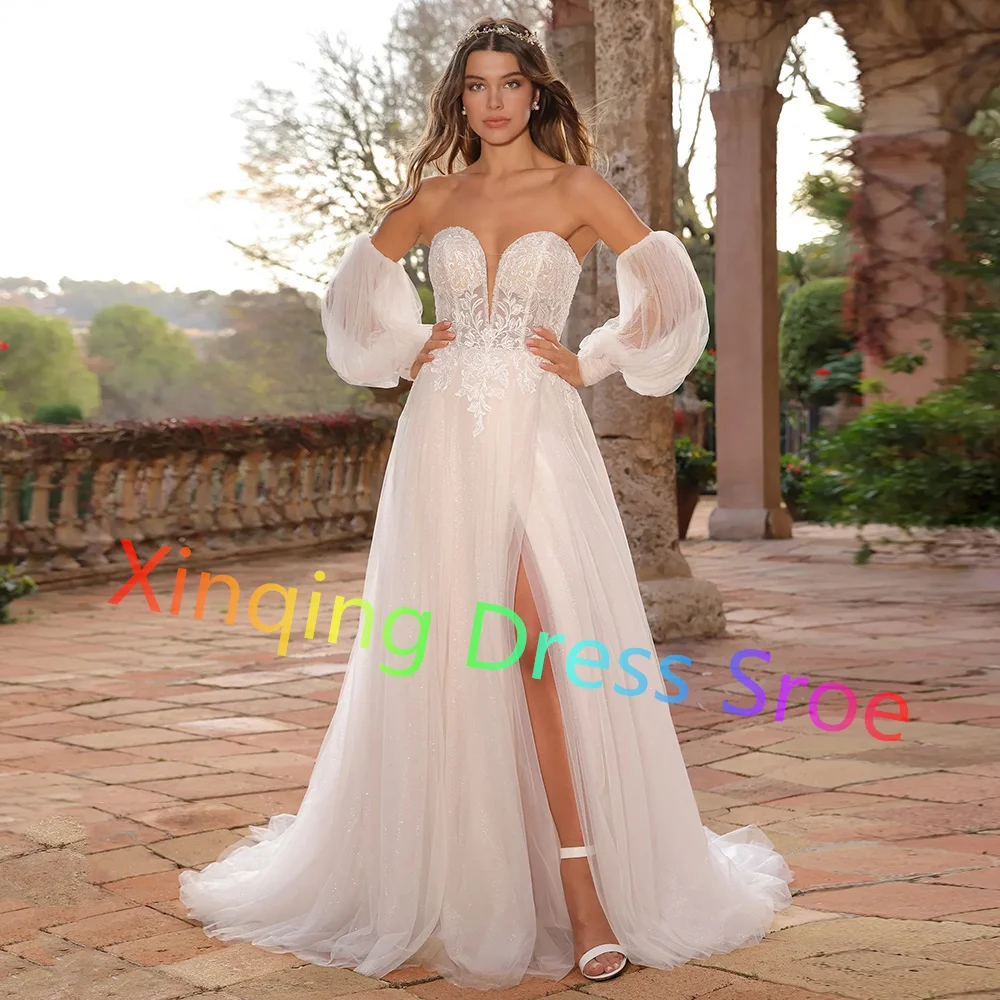 

Bohemian Tulle Sweetheart Wedding Dress Detachable Sleeves Lace Appliques Side Slit Bridal Gowns Sexy Backless Bridal Dresses