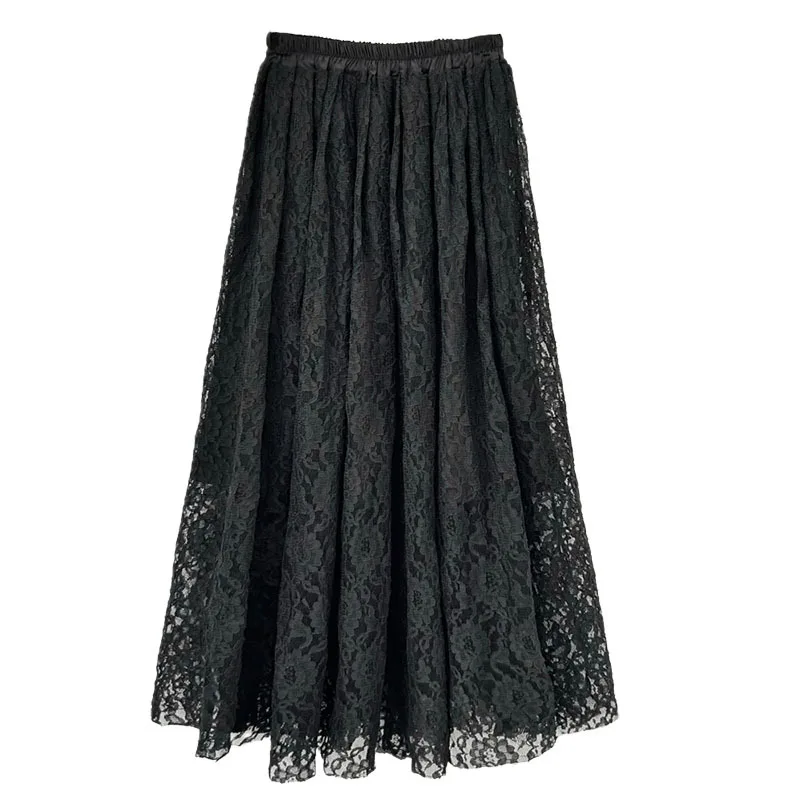 TIYIHAILEY Long Maxi Ladies A-line Elastic High Waist Women Lace Skirts Big Hem 2025 Black New Ladies