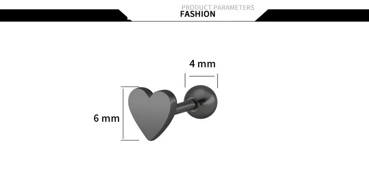 1Pcs Stainless Steel Black Piercing Jewelry Tragus Stud Earrings Cartilage Helix Heart Shape Ear Studs  Women Men Party Jewelry