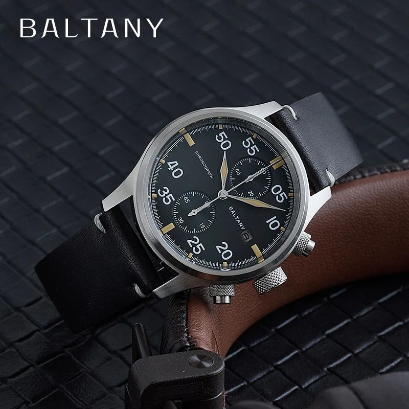 Baltany Solar Military Quartz Watch Stainless Steel Sapphire Crystal Retro Luminous Calendar Dial Pilot Chronograph Wristwatches