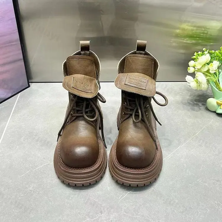 New 2024 Autumn Winter Women Ankle Boots Waterproof Platform Lace Up Thick Heel Short Boots Fashion Punk Leather Motorcycle Boot