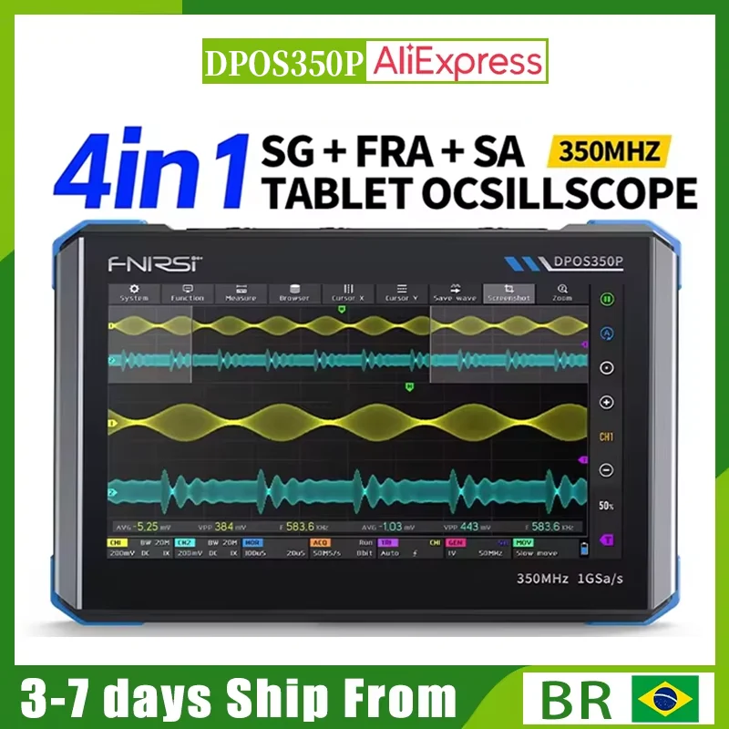 FNIRSI DPOS350P Osciloscópio plano quatro em um Gerador de sinal de 2 canais 350 MHz, analisador de resposta de frequência