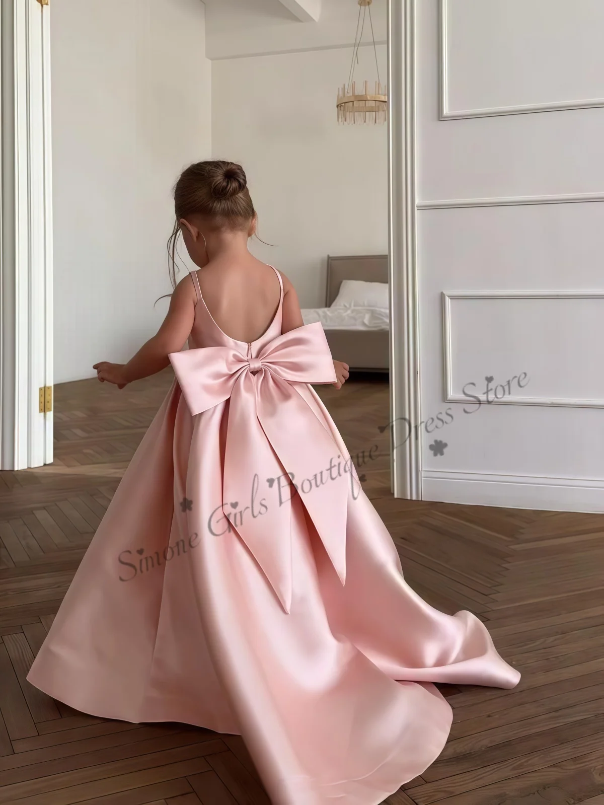 Customized Pink Fluffy Toddler Girl Birthday Party Dress With Bow Cute Wedding Bridesmaid Photography Outfit For Girls